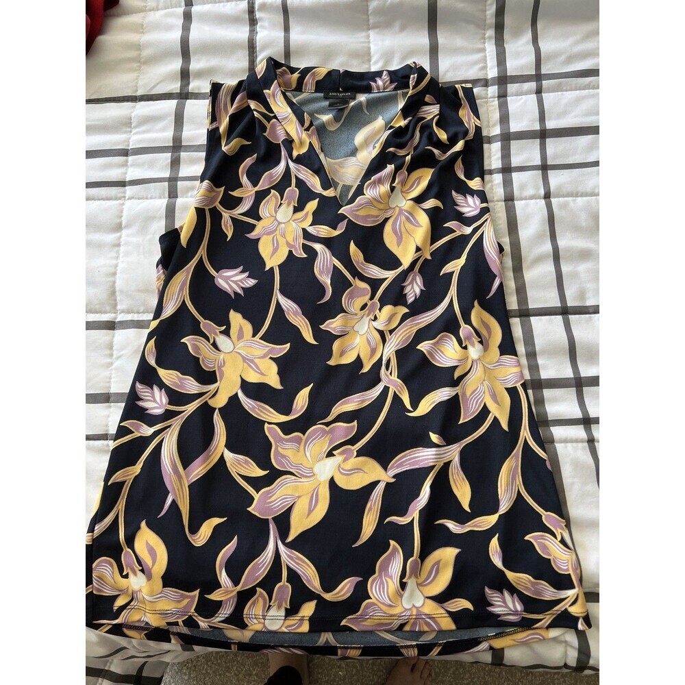 Ann‎ Taylor Floral Print Black Yellow Blouse Sz M Career V-Neck Sleeveless Top